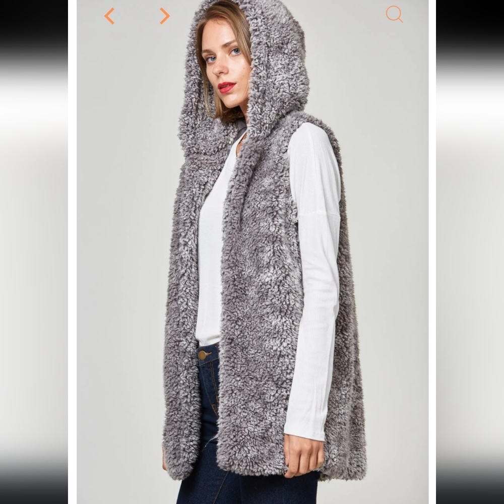 Grey hooded fuzzy vest in size Medium